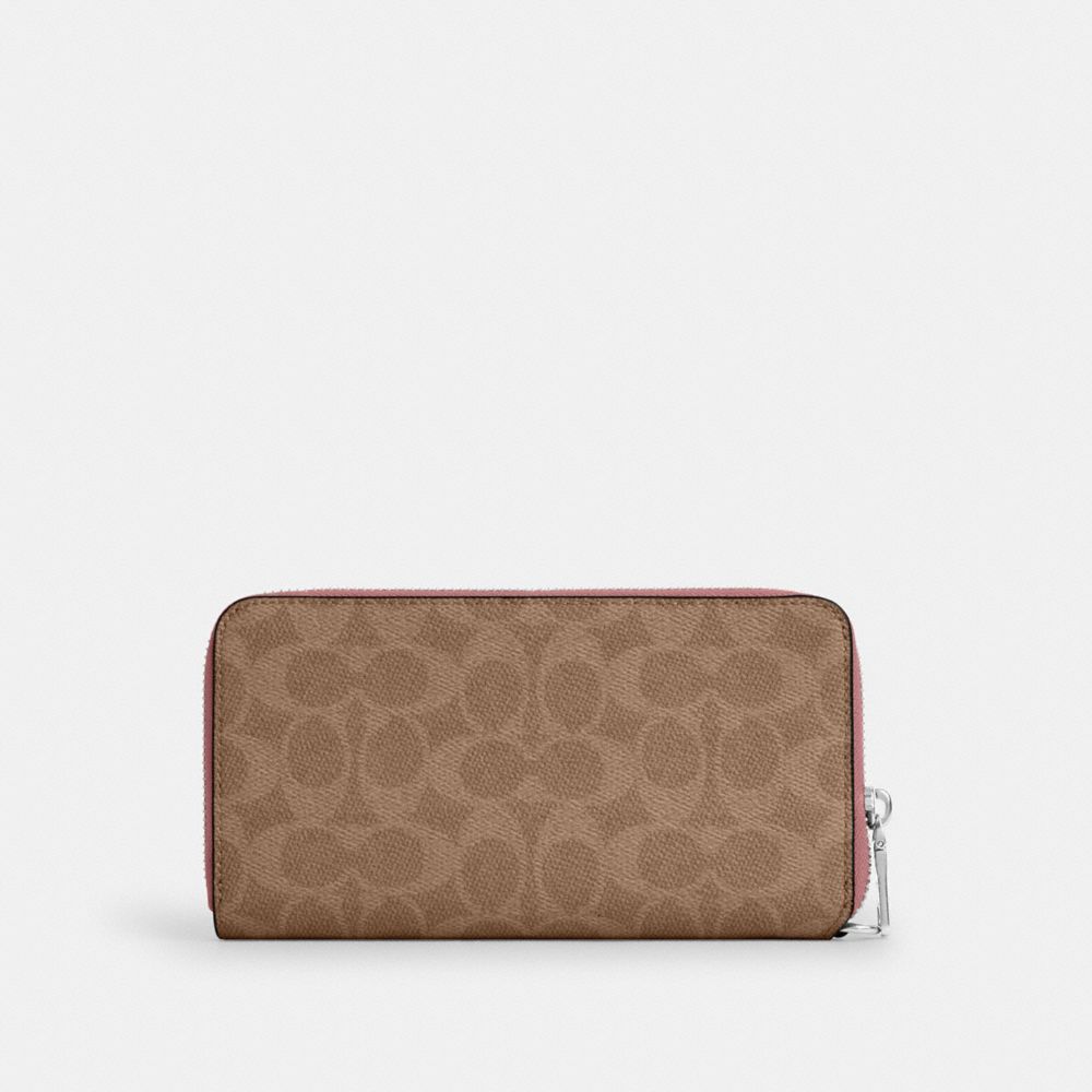 Coach Long Zip Around Wallet With Detachable Card Case In Signature Canvas Sv Tan Dusty Pink