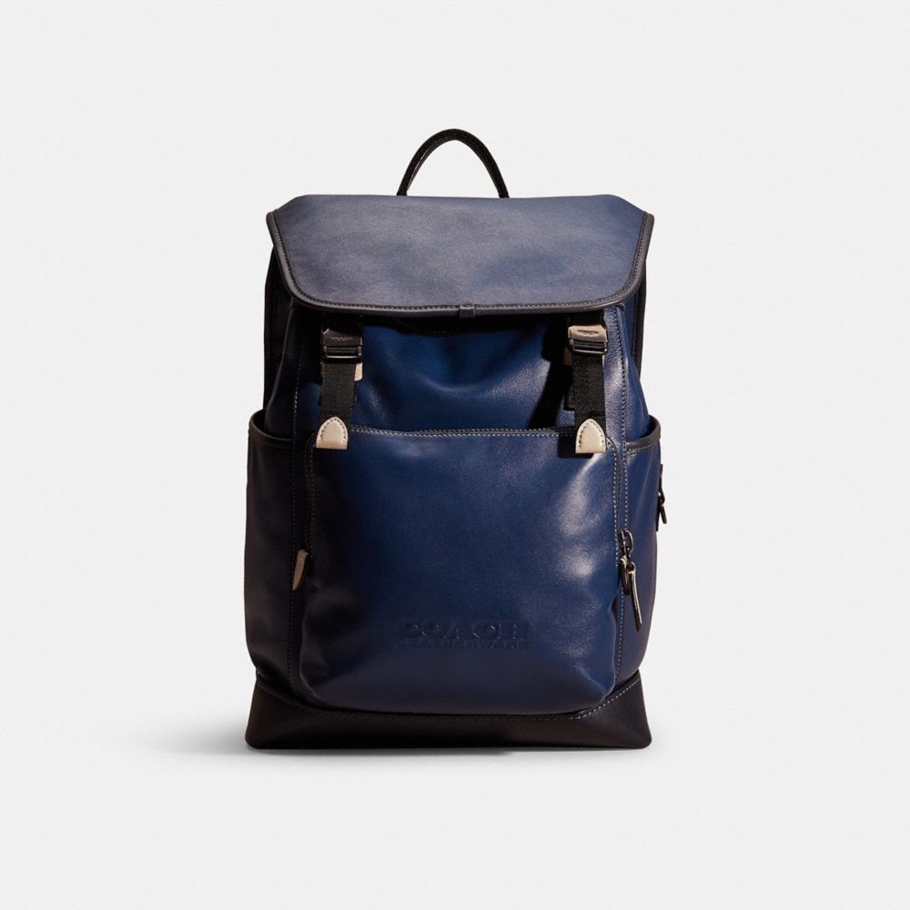 Coach Restored League Flap Backpack In Colorblock Pewter Deep Blue Multi
