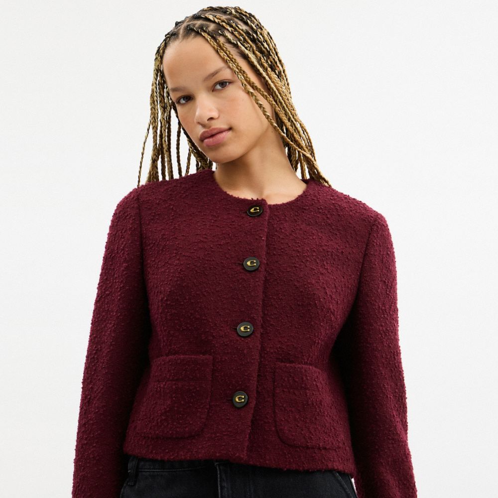 Coach Boucle Cardigan Jacket Burgundy