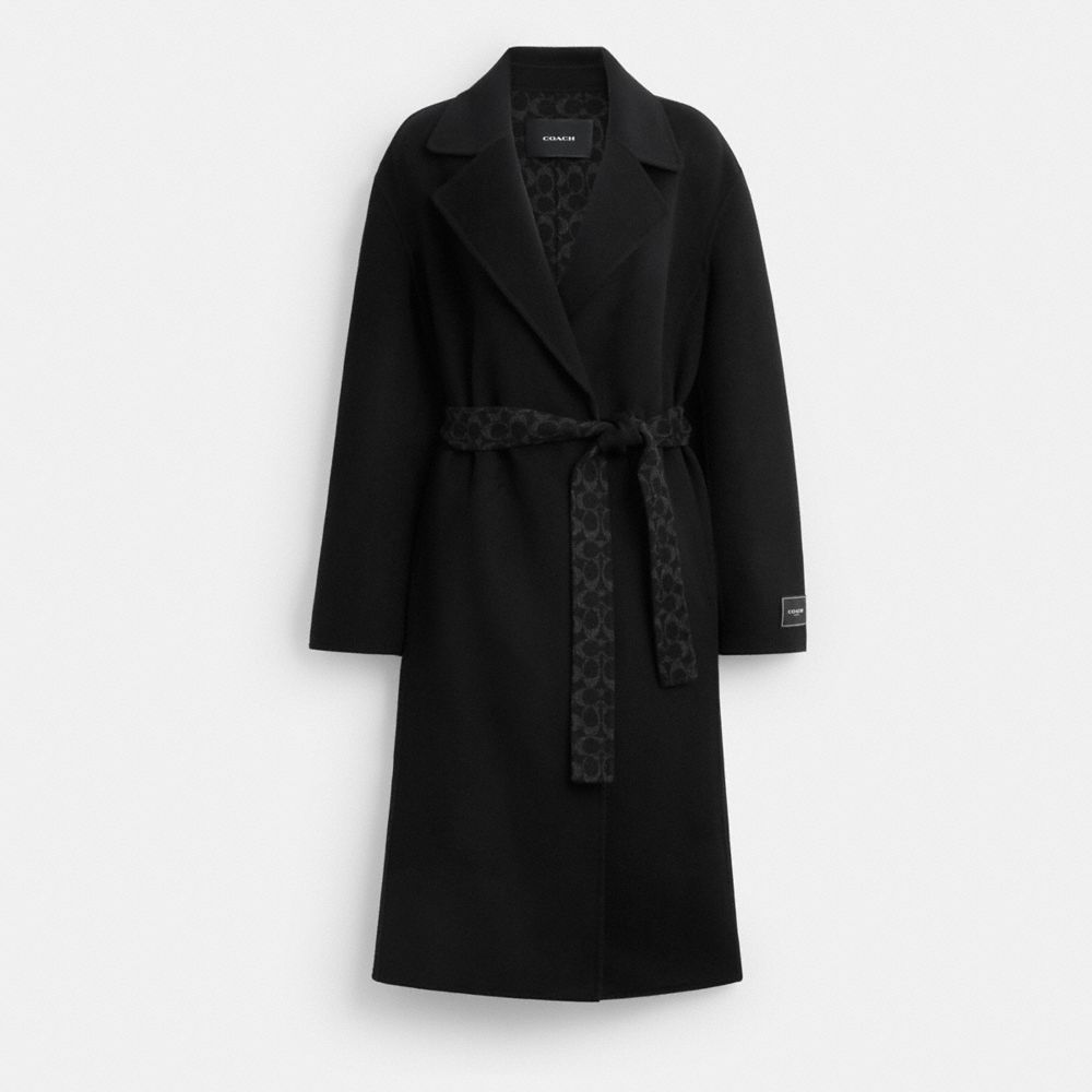Coach Belted Wool Long Coat Black