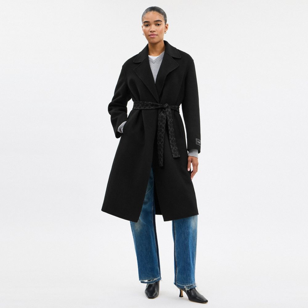 Coach Belted Wool Long Coat Black