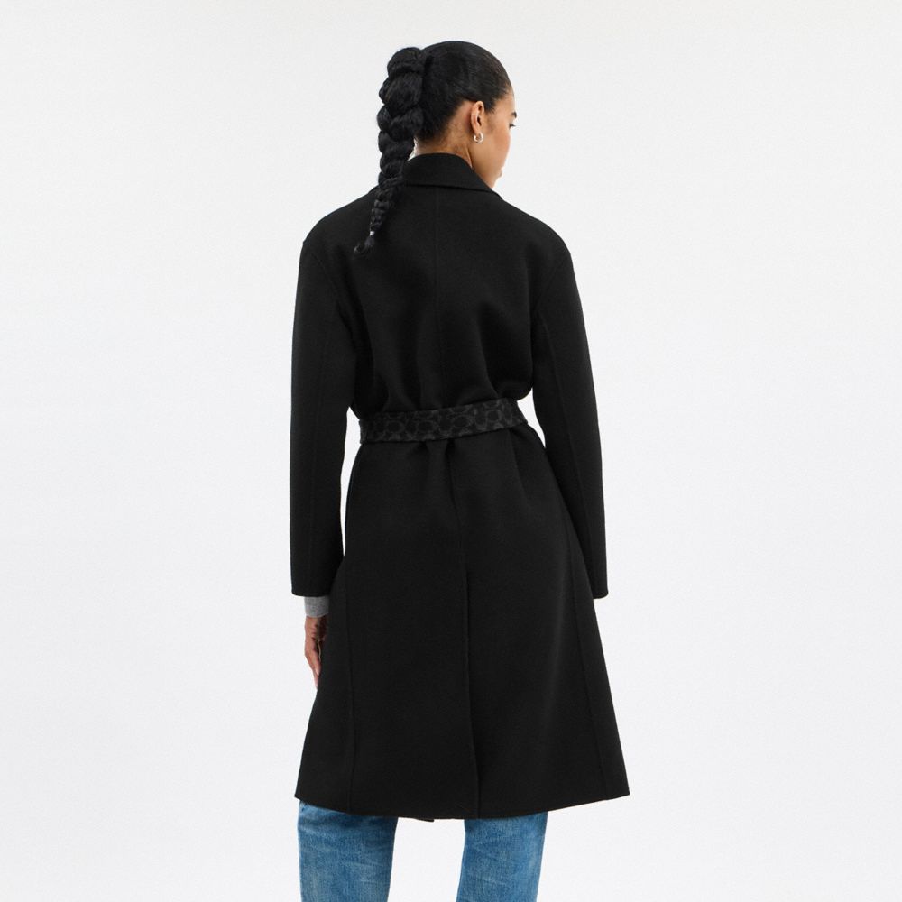 Coach Belted Wool Long Coat Black