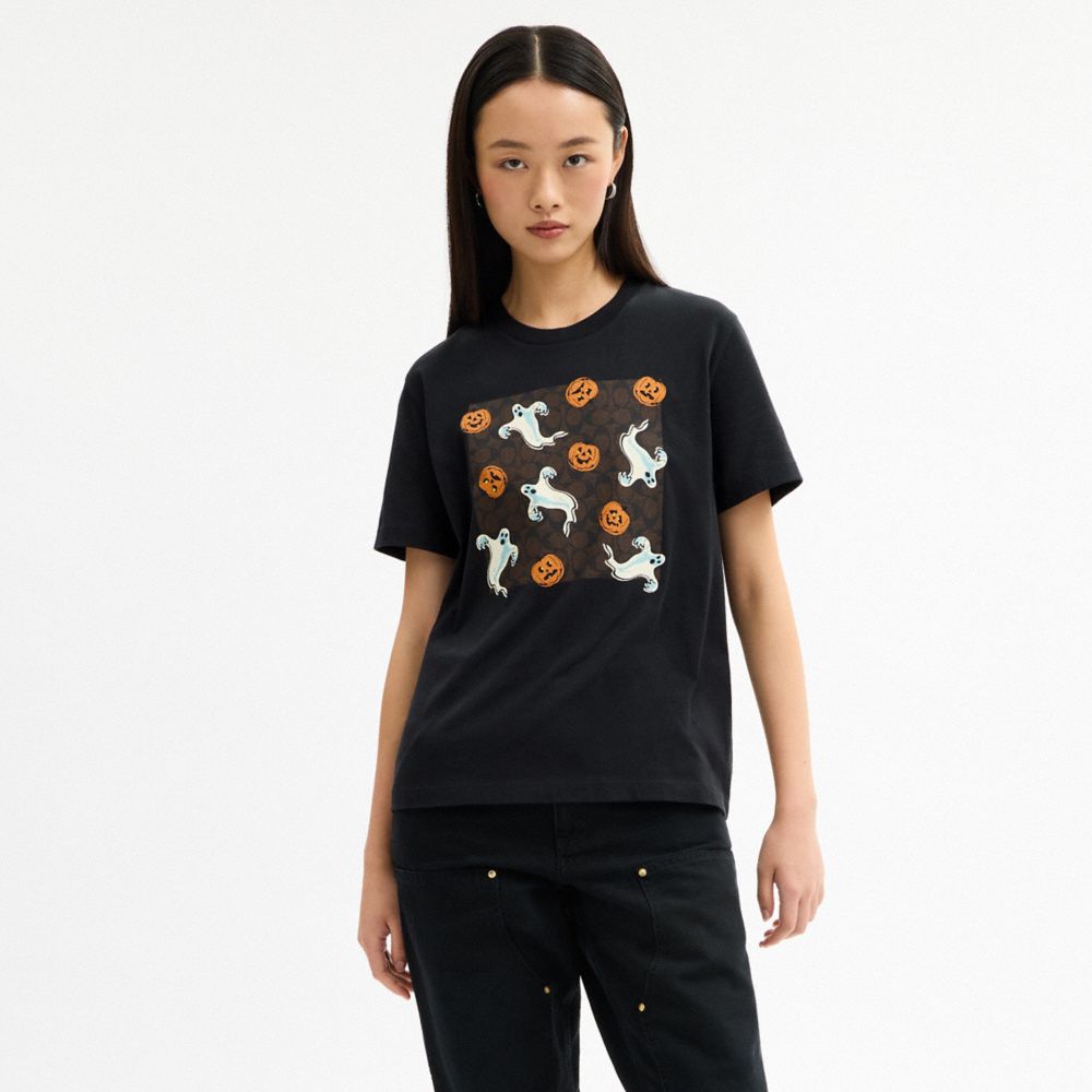 Coach Pumpkin And Ghost Signature Classic T Shirt Black
