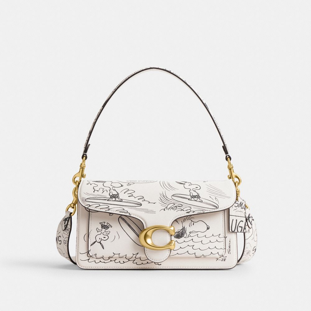 Coach Coach X Peanuts Tabby Shoulder Bag 26 With Newspaper Print Brass Chalk Multi