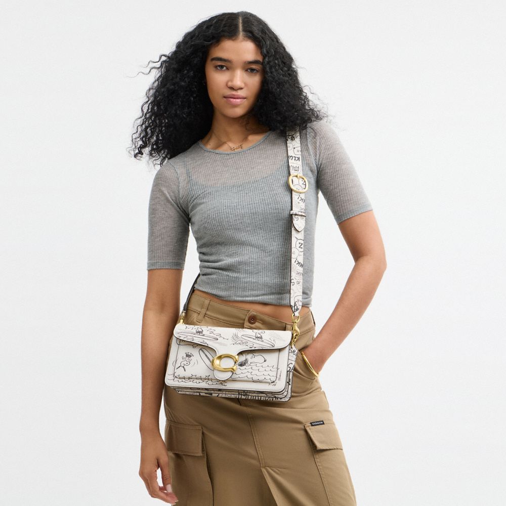 Coach Coach X Peanuts Tabby Shoulder Bag 26 With Newspaper Print Brass Chalk Multi