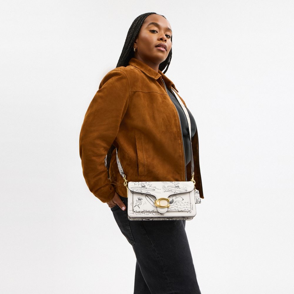 Coach Coach X Peanuts Tabby Shoulder Bag 26 With Newspaper Print Brass Chalk Multi