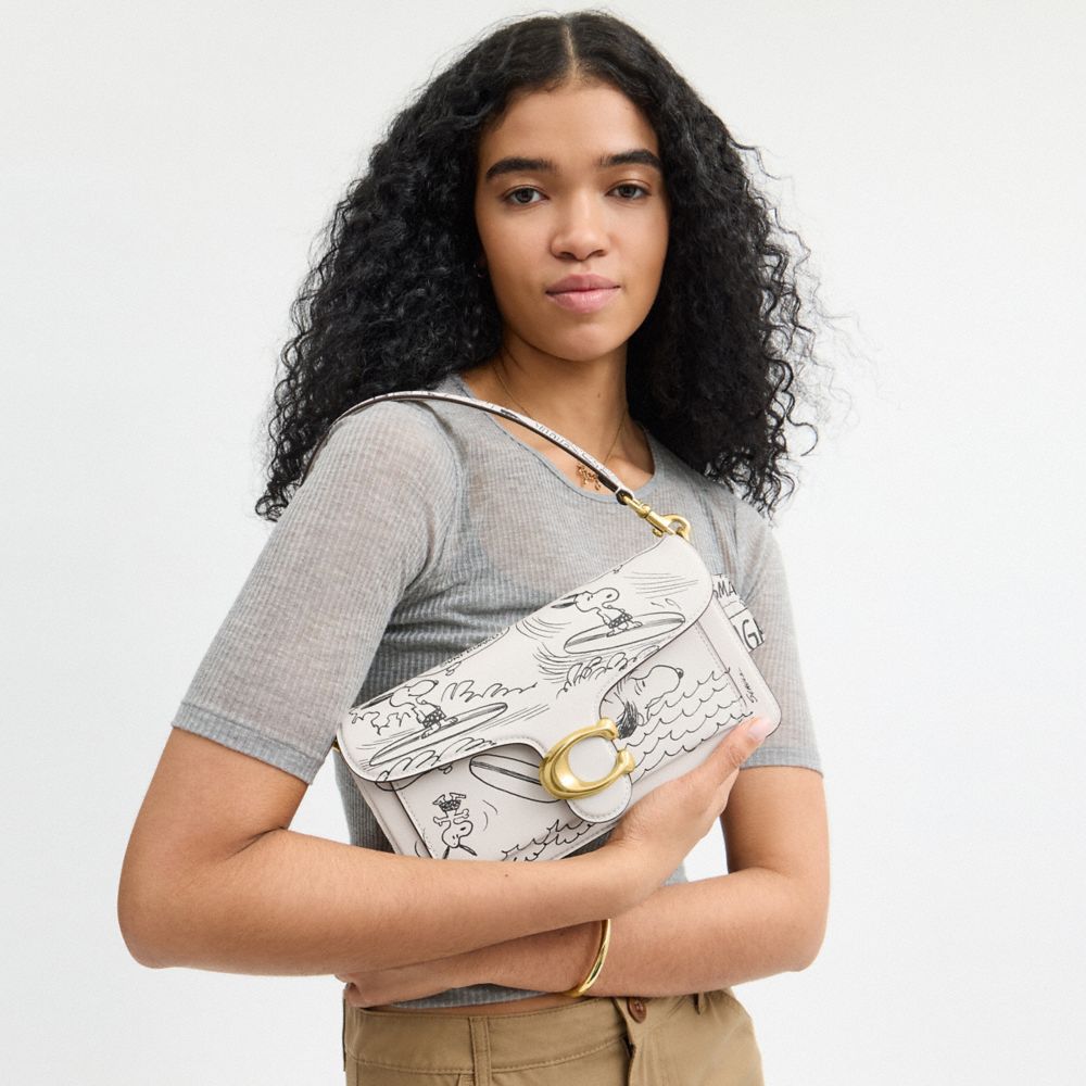 Coach Coach X Peanuts Tabby Shoulder Bag 26 With Newspaper Print Brass Chalk Multi