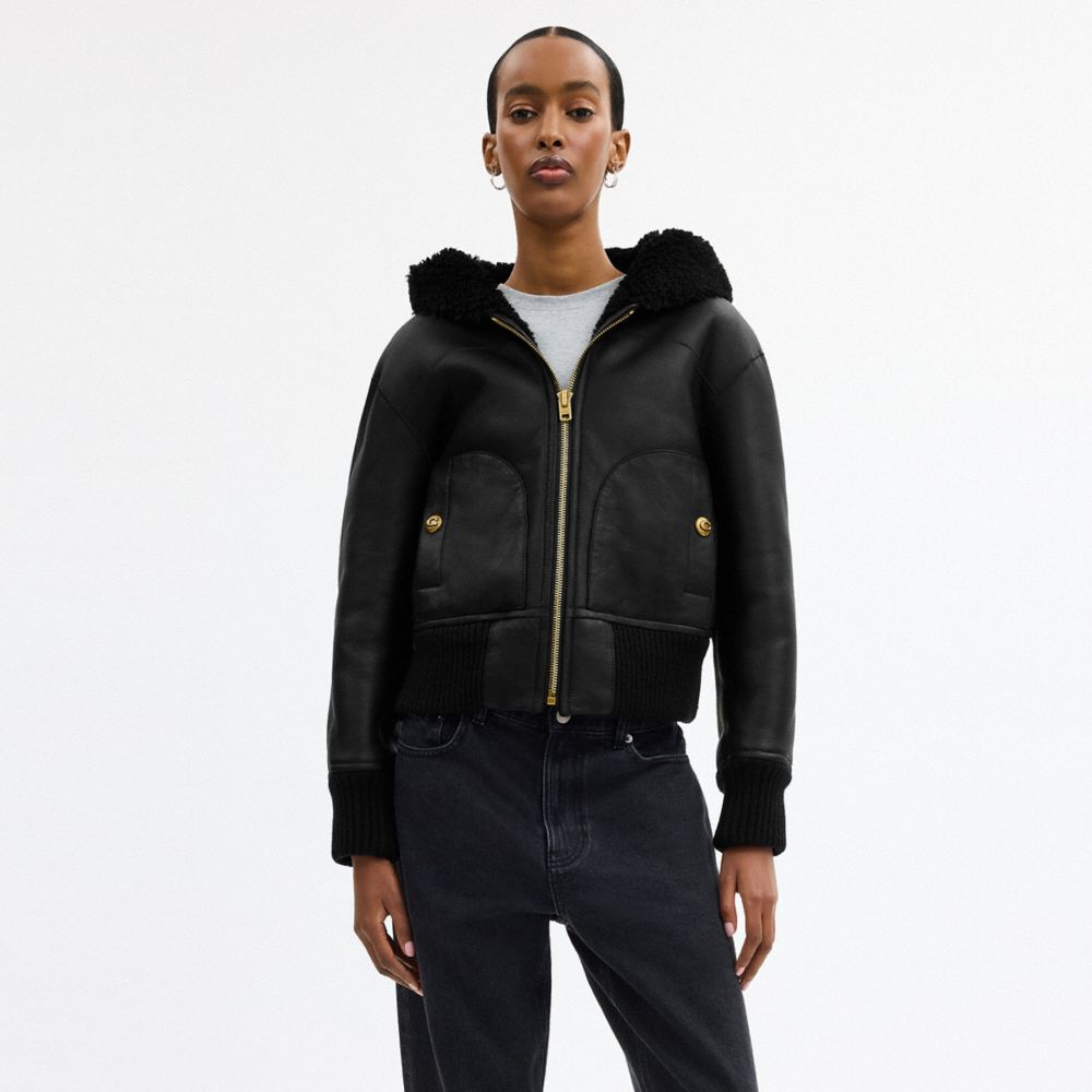 Coach Reversible Shearling Hoodie Black