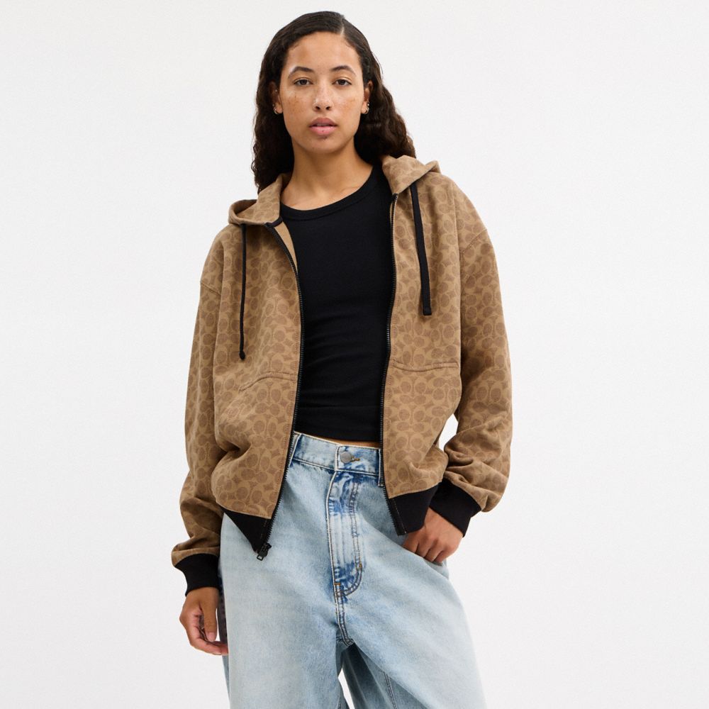 Coach All Over Signature Zip Hoodie In Organic Cotton Tan Signature
