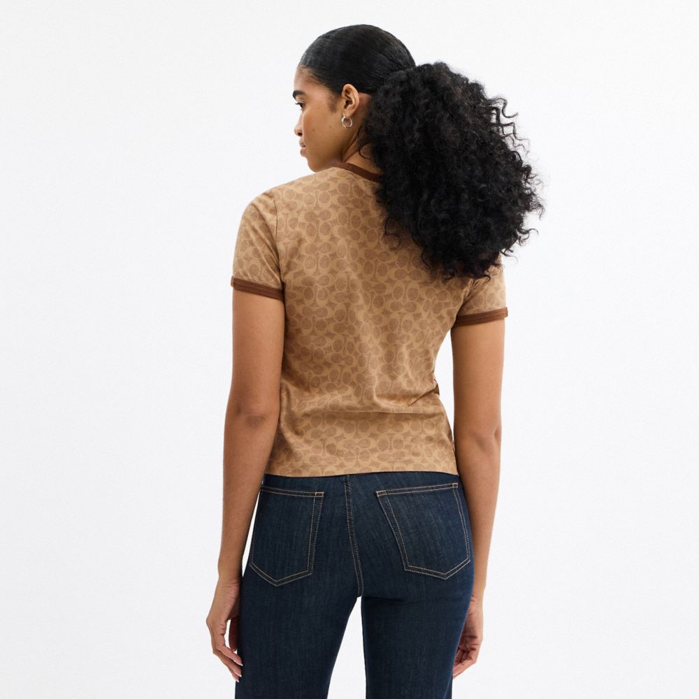 Coach Signature Ringer T Shirt In Organic Cotton Tan Signature