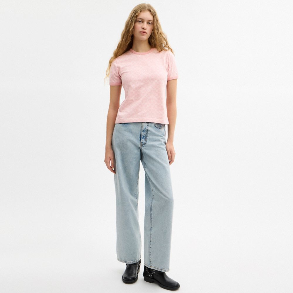 Coach Signature Ringer T Shirt Pink Signature