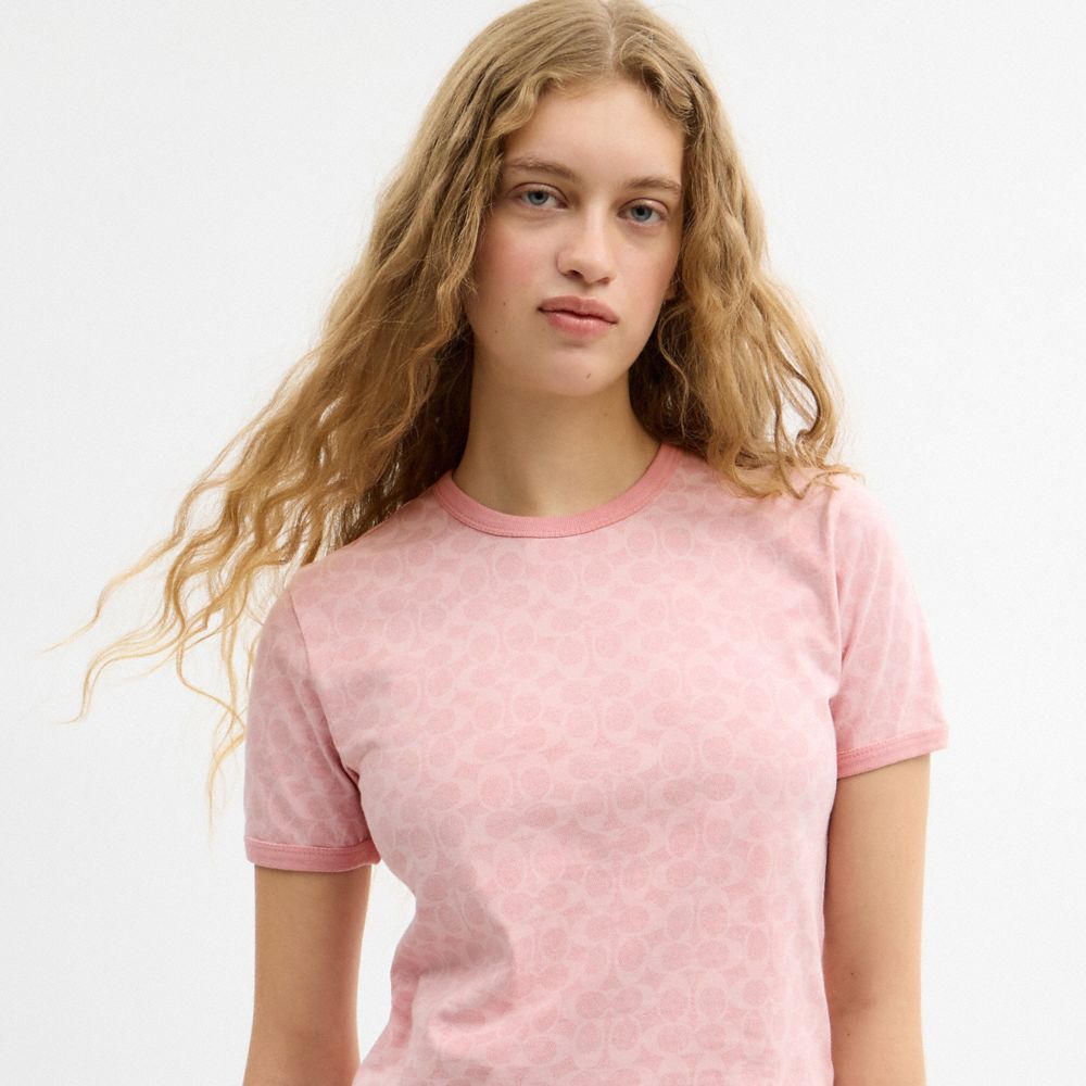 Coach Signature Ringer T Shirt Pink Signature