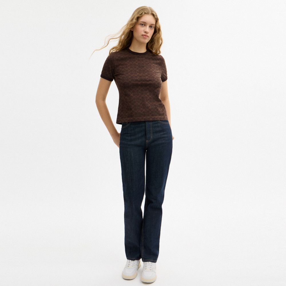 Coach Signature Ringer T Shirt Brown Signature