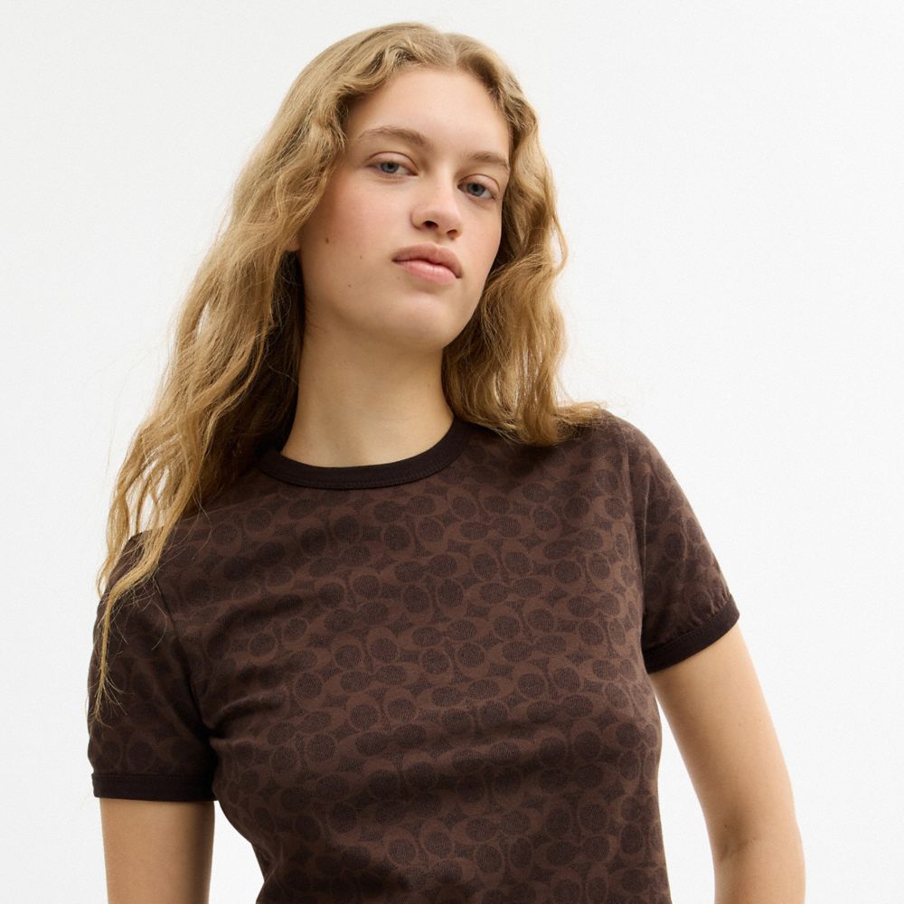 Coach Signature Ringer T Shirt Brown Signature
