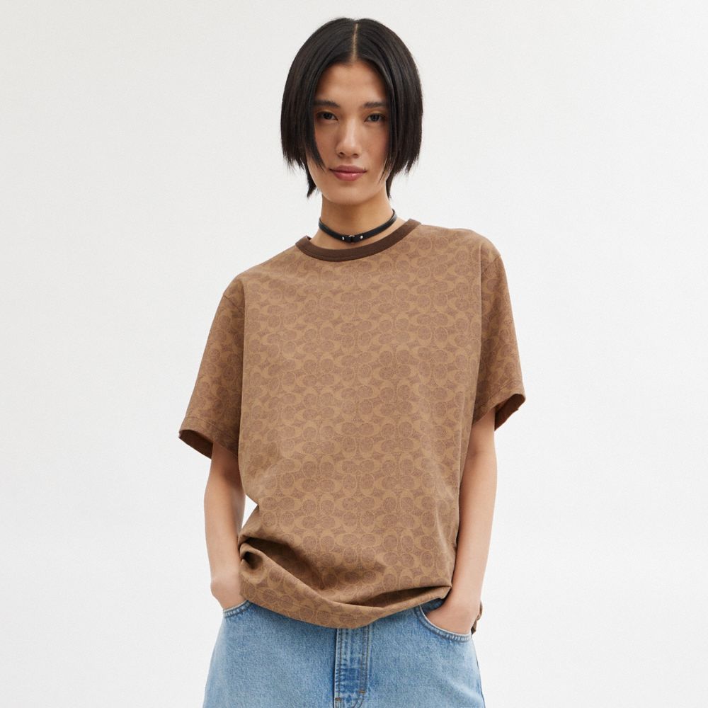 Coach Signature T Shirt In Organic Cotton Tan Signature