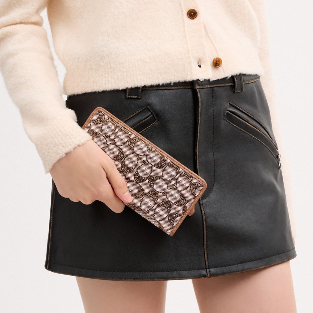 Coach Essential Slim Wallet In Crystal Signature Jacquard Brass/Mushroom