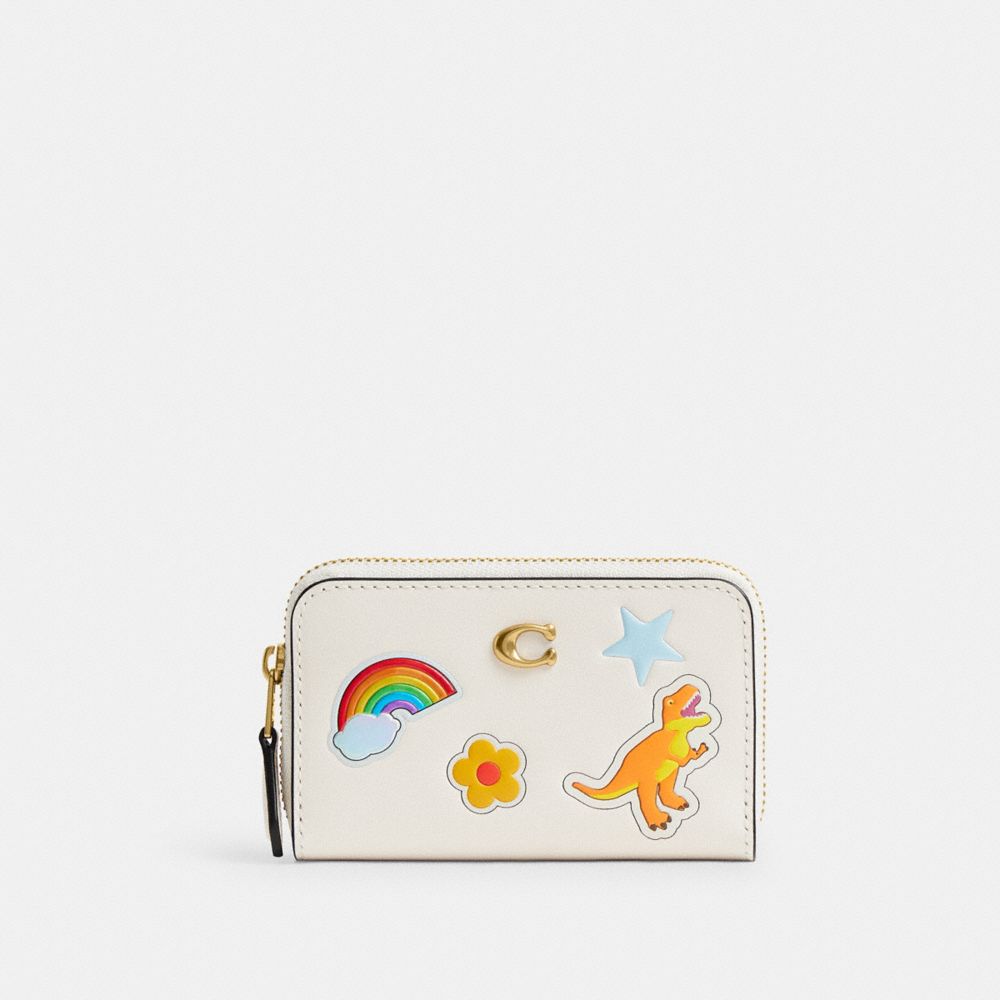 Coach Essential Small Zip Around Card Case With Sticker Print Brass Chalk Multi