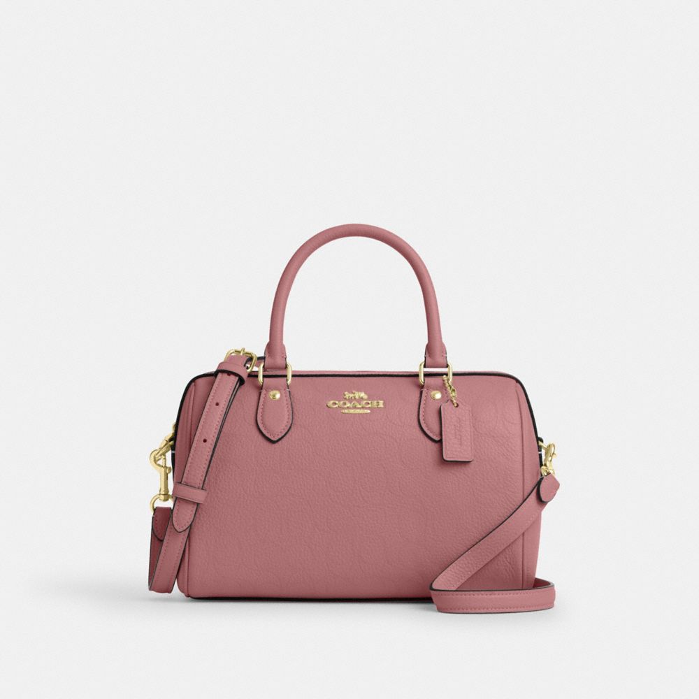 Coach Rowan Satchel Bag In Signature Leather Gold Peony