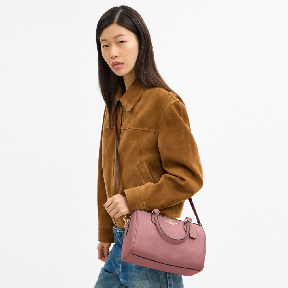 Coach Rowan Satchel Bag In Signature Leather Gold Peony