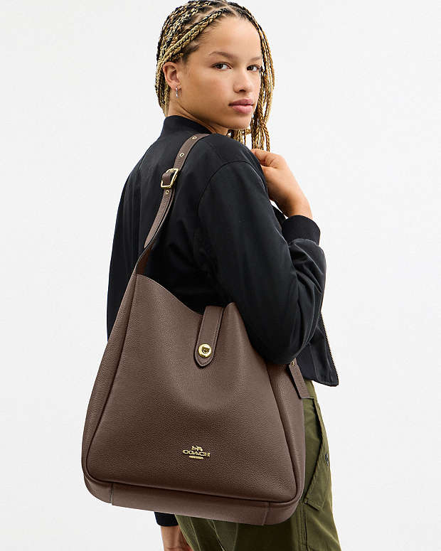 Coach Hadley Large Shoulder Bag Pebbled Leather-Gold-Dark Stone Pebbled  Leather-Gold-Dark Stone