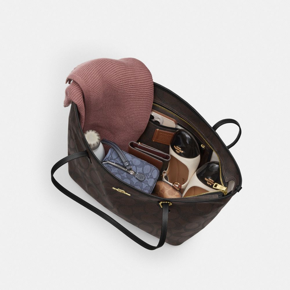 Coach Large City Tote Bag In Maxi Signature Canvas Gold Walnut Black