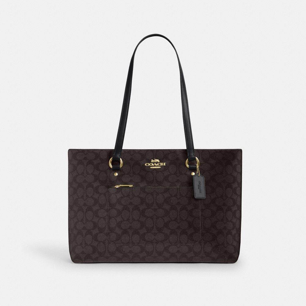 バッグ COACH tote bag SOHO signature BLACK GOLD Coach Station Tote Bag In Signature Canvas Gold Walnut Black