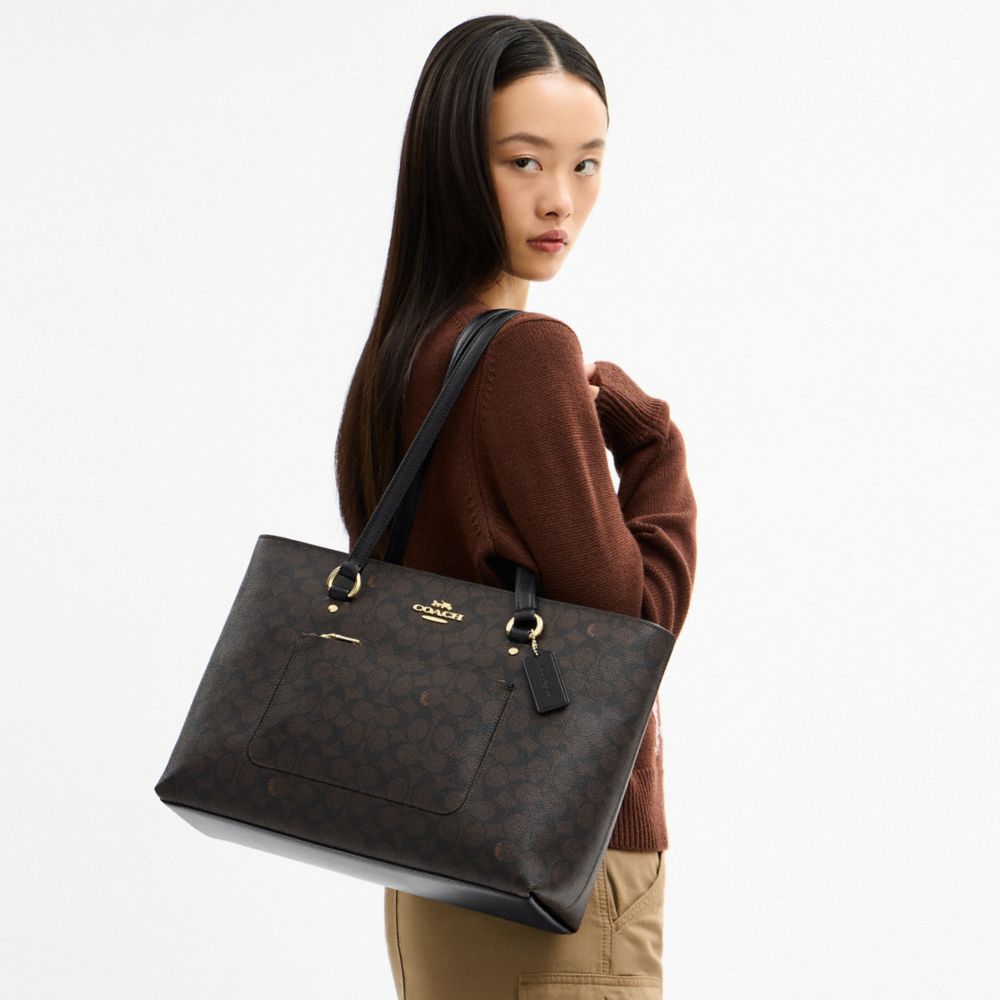 Coach Station Tote Bag In Signature Canvas Gold Walnut Black