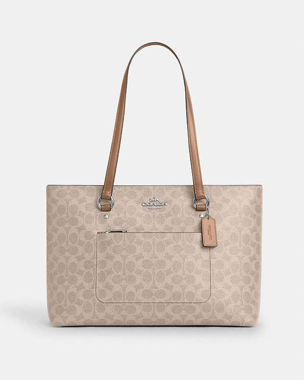 Coach Station Tote Bag In Signature Canvas Signature  Canvas-Silver-Sand-Taupe Signature Canvas-Silver-Sand-Taupe