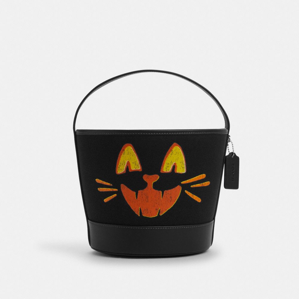 Coach Trick Or Treat Bucket With Halloween Cat In Regenerative Cotton Silver Black