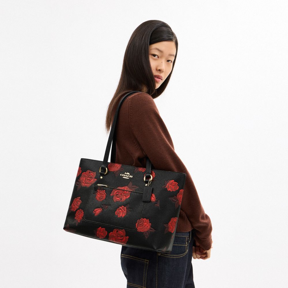 Coach Station Tote Bag With Floral Print Im Black Red