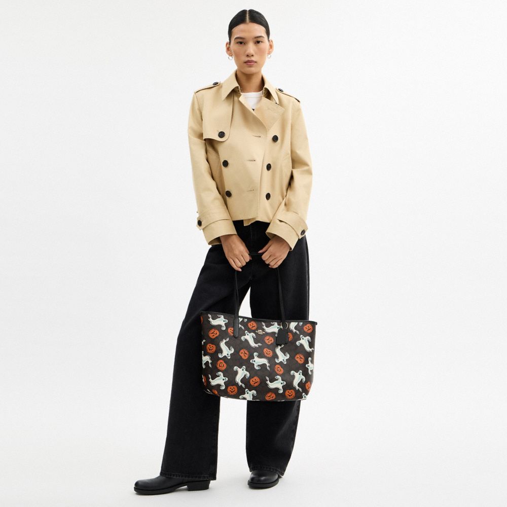 Coach City Tote Bag In Signature Canvas With Halloween Print Gold Walnut Multi