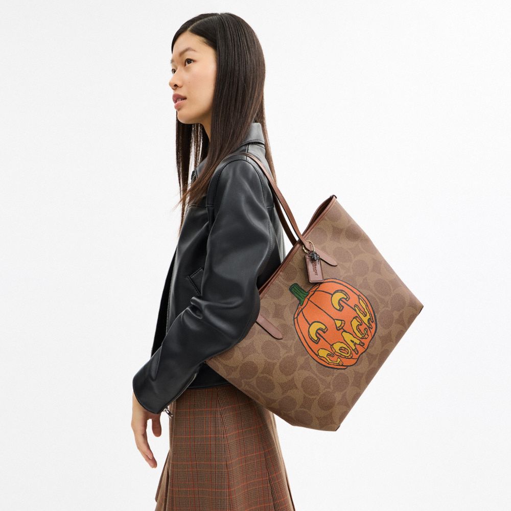 Coach City Tote Bag In Signature Canvas With Halloween Print Gold Tan Multi