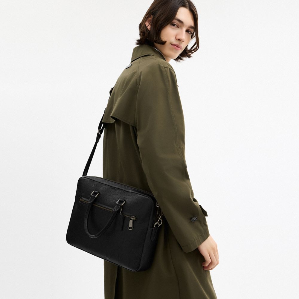 Coach Ethan Slim Brief In Signature Leather Gunmetal Black
