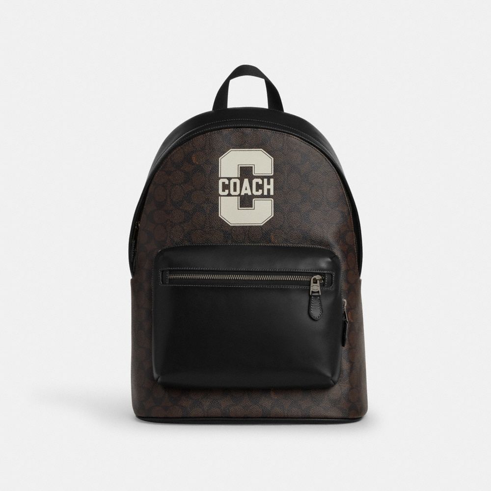Coach West Backpack In Signature Canvas With Varsity Graphic Qb Walnut Multi