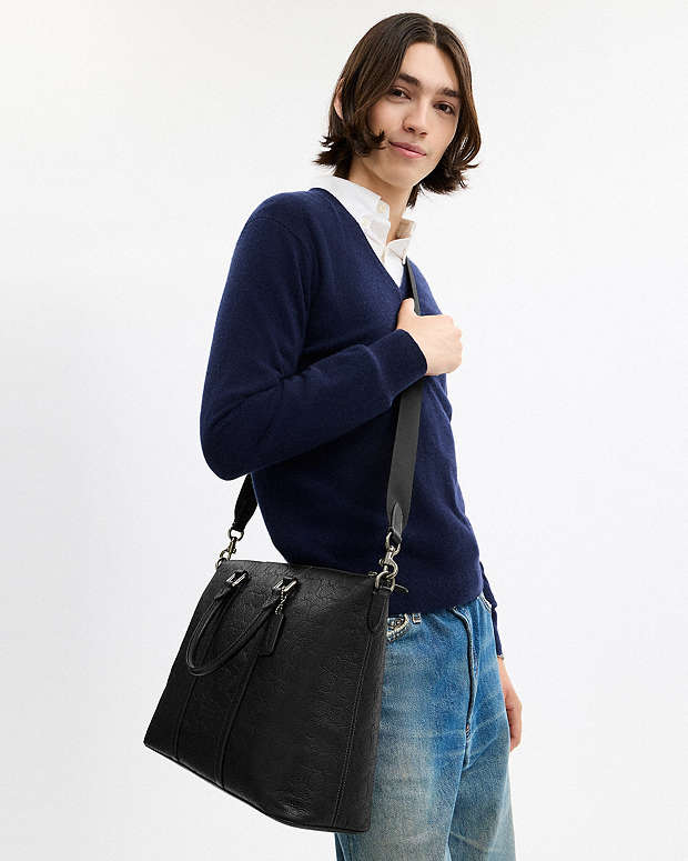 Caleb Work Bag In Signature Leather Pebbled Leather-Gunmetal-Black Pebbled Leather-Gunmetal-Black