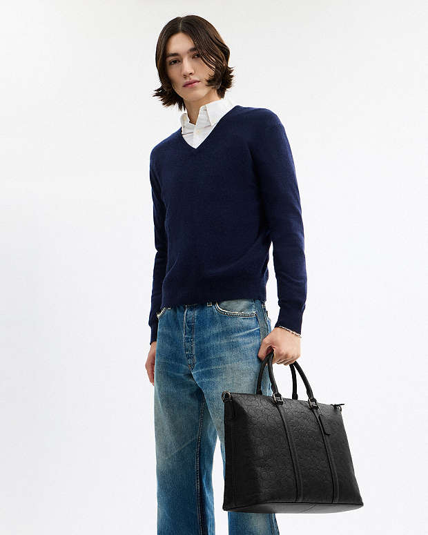 Caleb Work Bag In Signature Leather Pebbled Leather-Gunmetal-Black Pebbled Leather-Gunmetal-Black