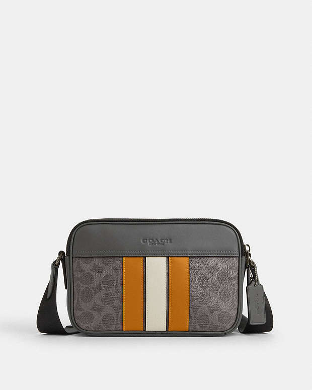 Graham Crossbody Bag In Signature Canvas With Varsity Stripe Signature Canvas-Qb-Grey-Ochre-Chalk Signature Canvas-Qb-Grey-Ochre-Chalk