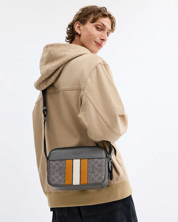 Graham Crossbody Bag In Signature Canvas With Varsity Stripe Signature Canvas-Qb-Grey-Ochre-Chalk Signature Canvas-Qb-Grey-Ochre-Chalk