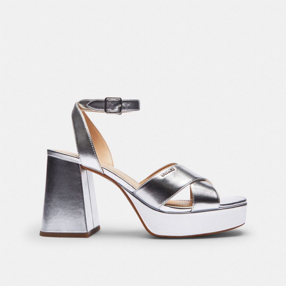 Coach Block Heel Sandal Metallic Silver