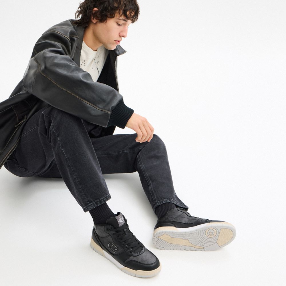 Men's Coach Soho Mid Top Sneaker In Signature Canvas Charcoal Black