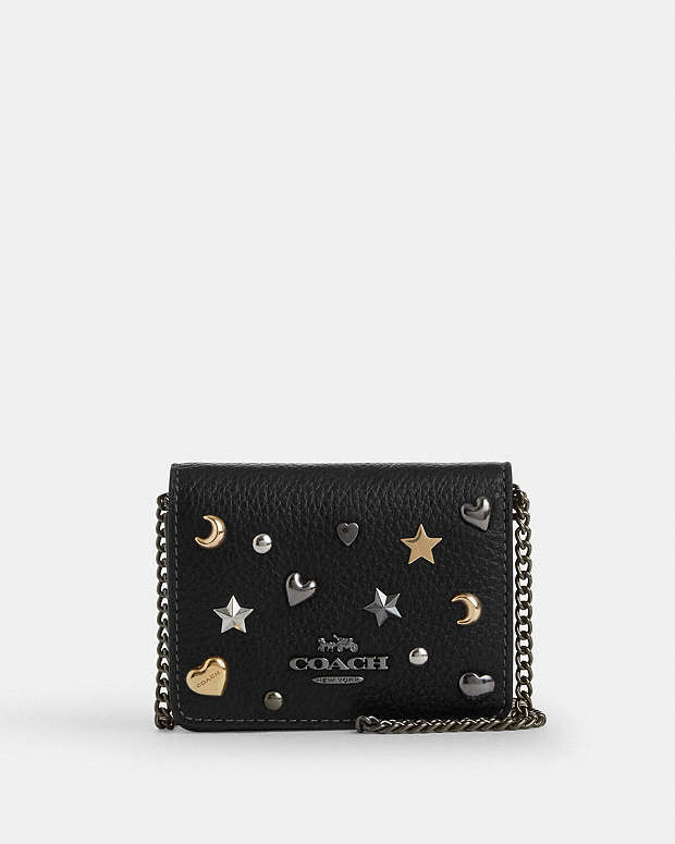 Coach Mini Wallet On A Chain With Rivets Pebbled Leather-Gunmetal-Black Multi