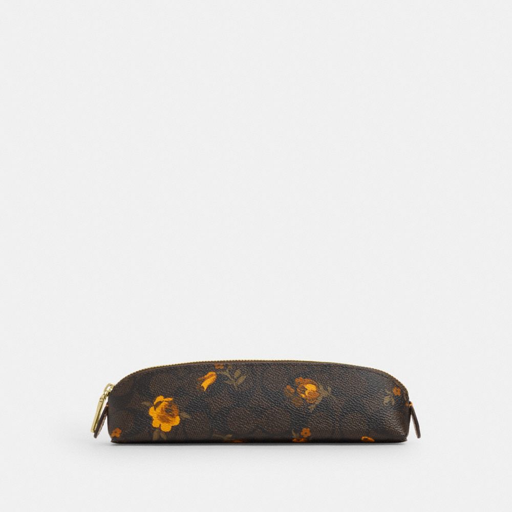 Coach Pencil Case In Signature Canvas With Floral Print Im Walnut Yellow