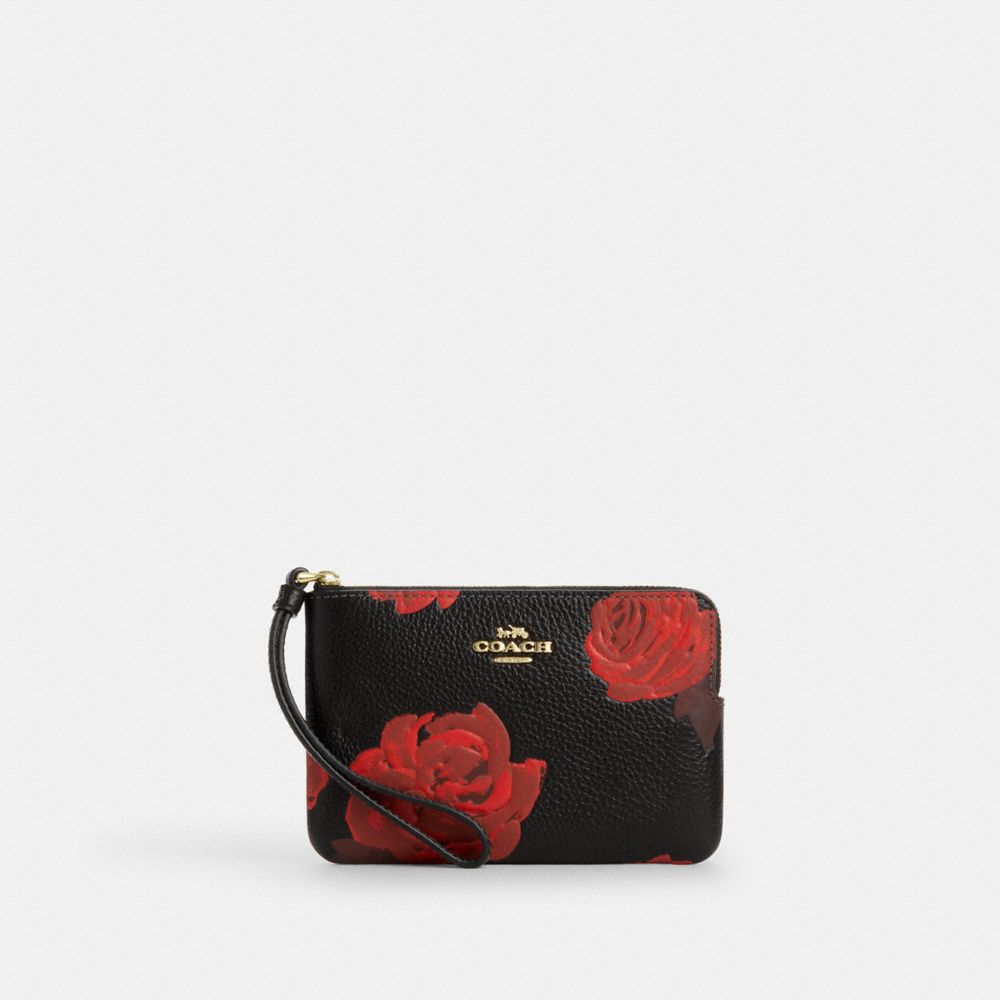 Coach Corner Zip Wristlet With Floral Print Im Black Red