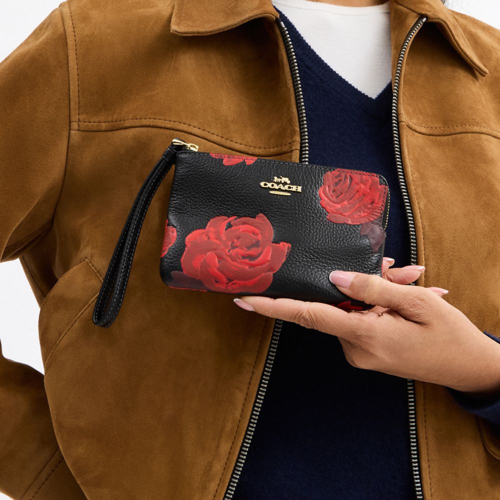 Coach Corner Zip Wristlet With Floral Print Im Black Red