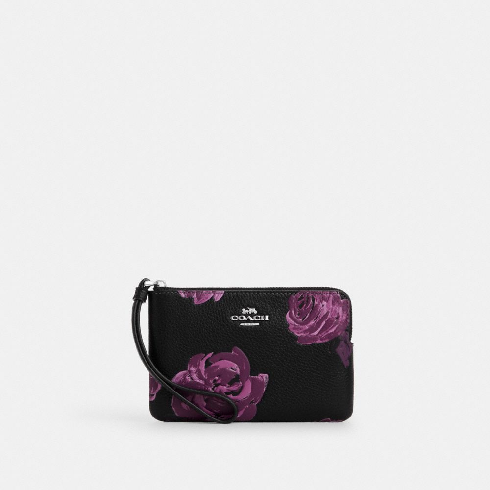 Coach Corner Zip Wristlet With Floral Print Sv Black Purple