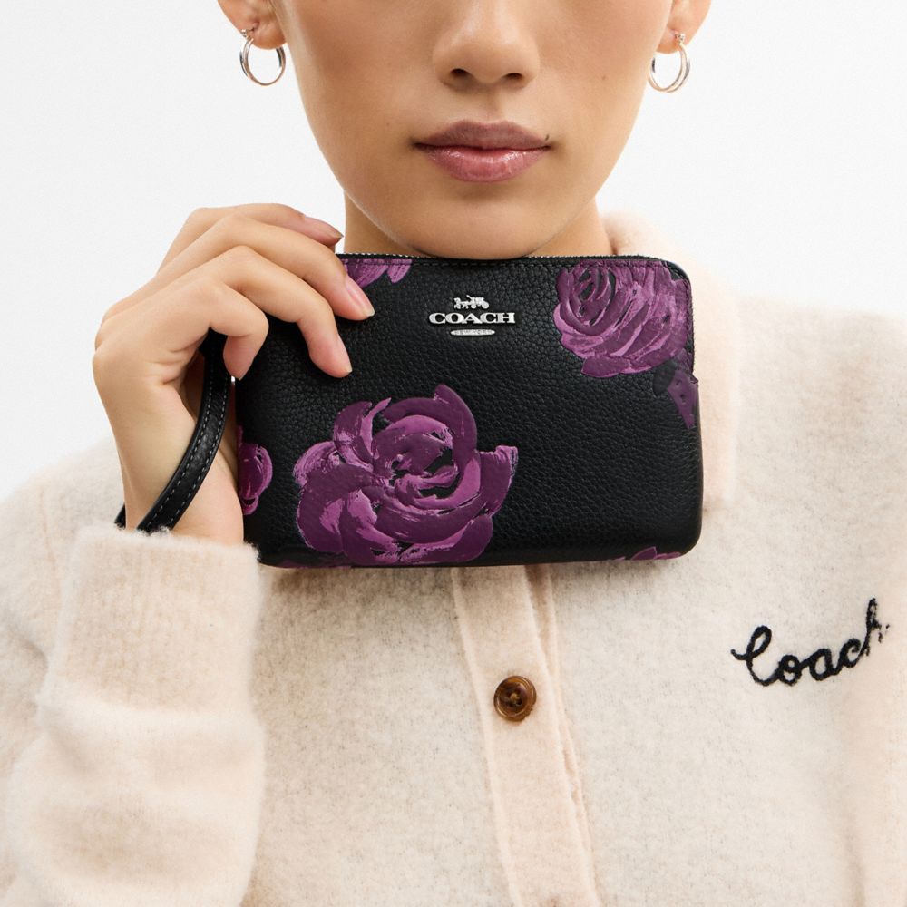 Coach Corner Zip Wristlet With Floral Print Sv Black Purple