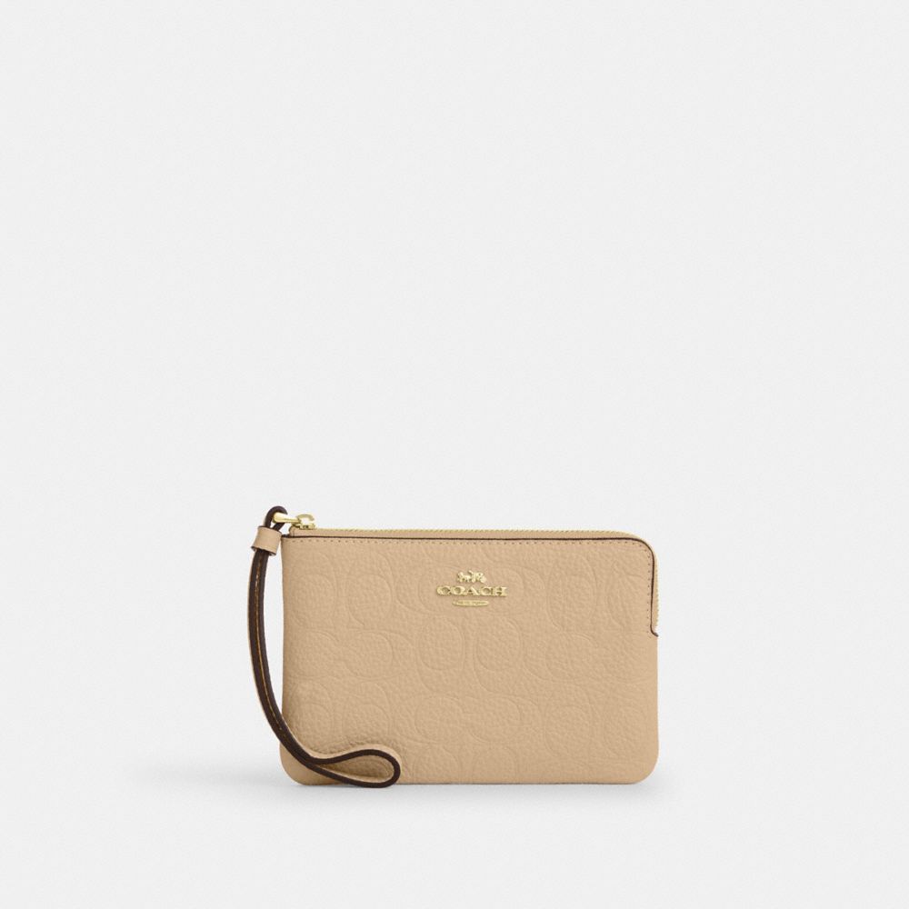 Coach Corner Zip Wristlet In Signature Leather Gold