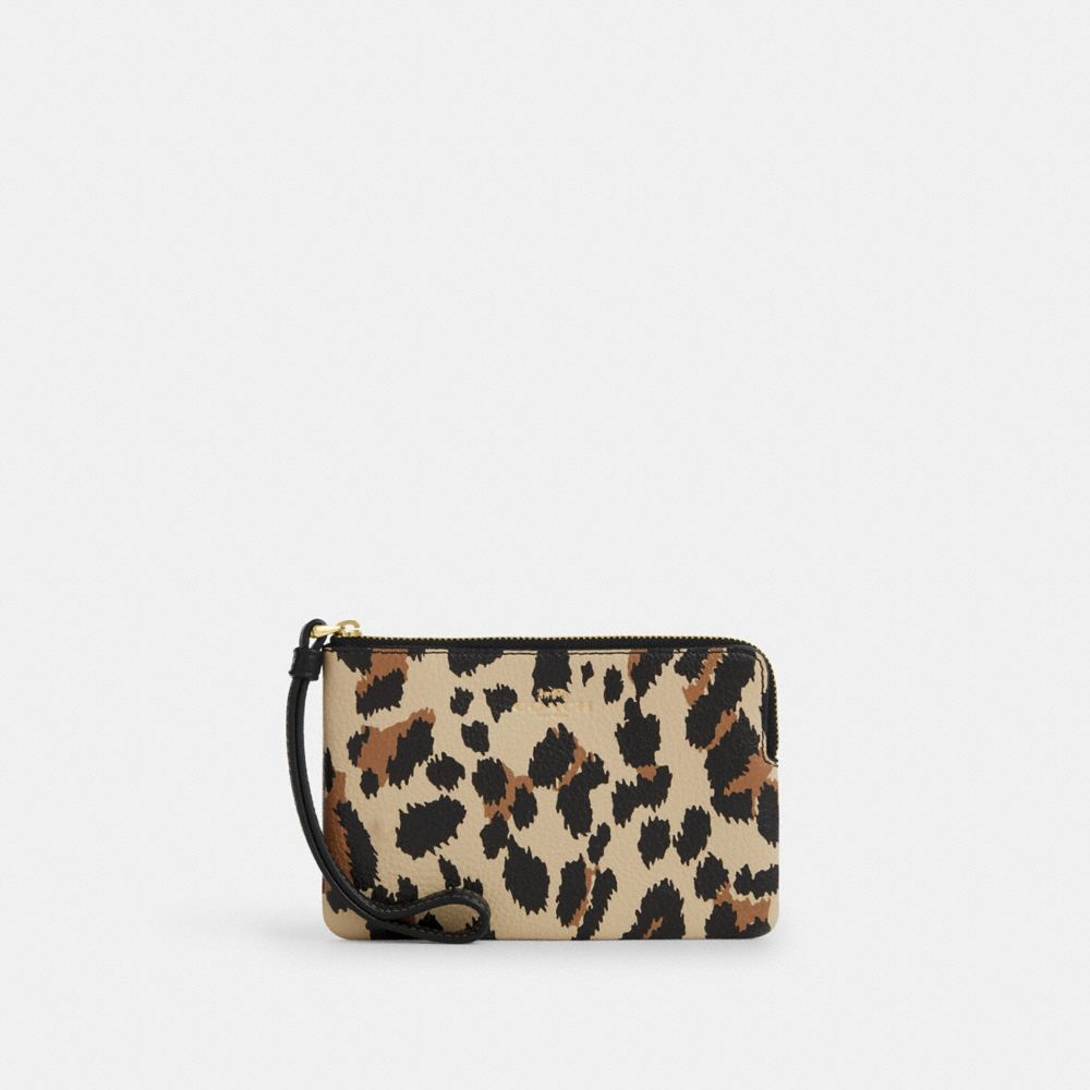 Coach Corner Zip Wristlet With Leopard Print Gold Leopard Multi
