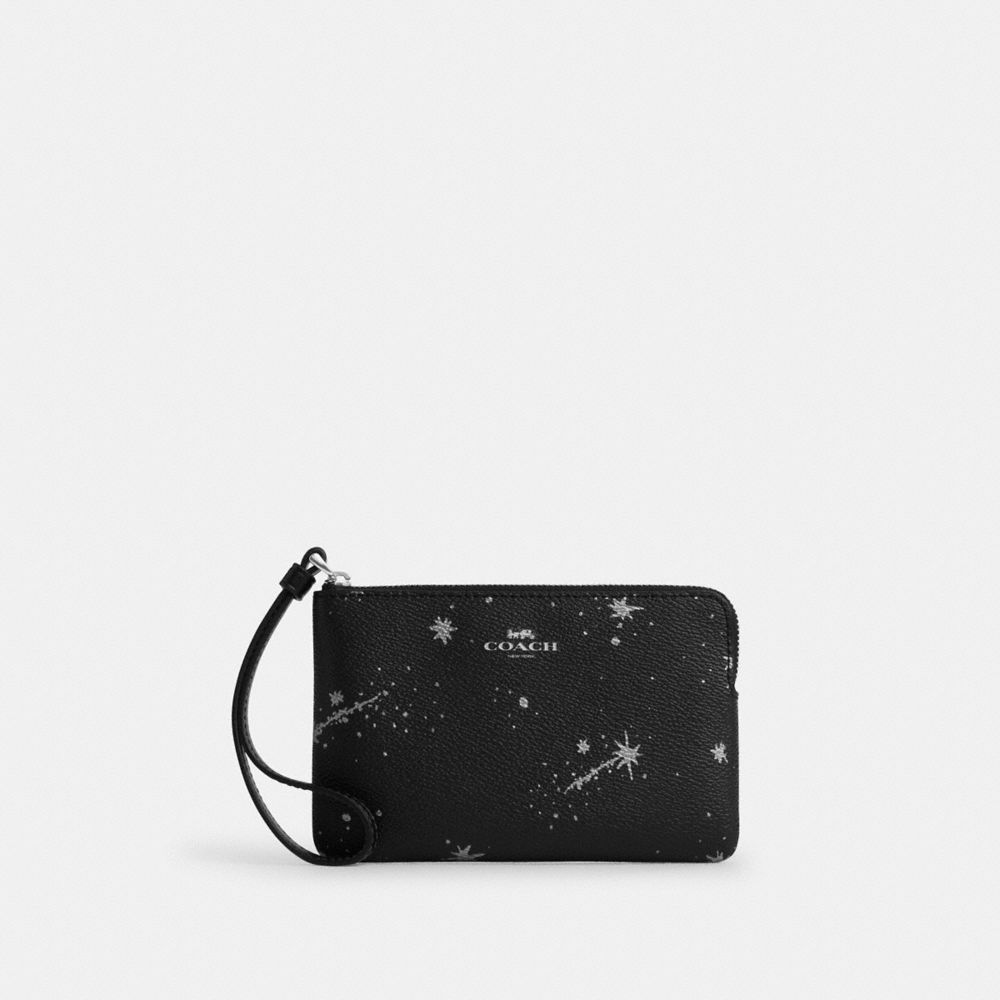 Coach Corner Zip Wristlet With Star Print Silver Black Multi