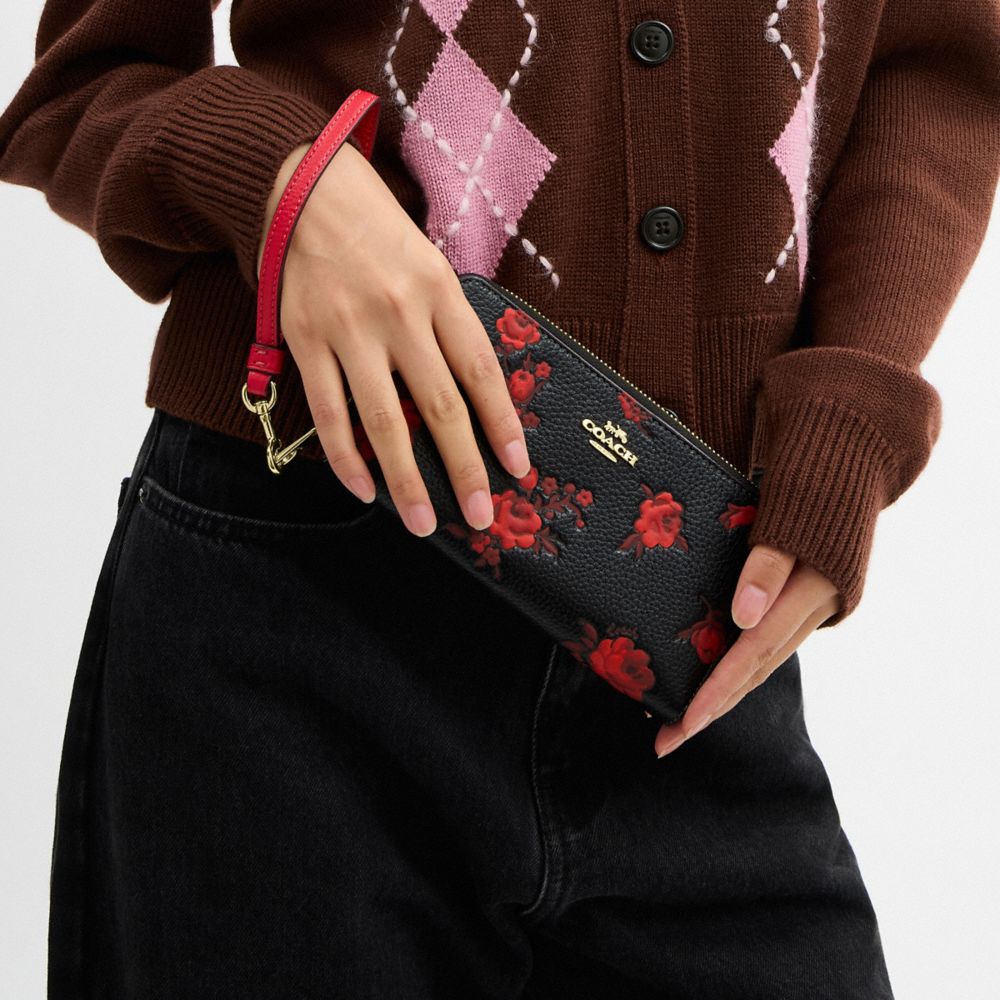 Coach Long Zip Around Wallet With Floral Print Im Black Red